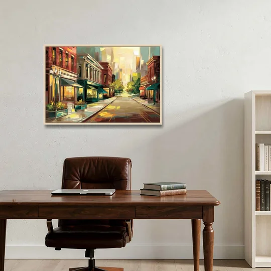 Greensboro Downtown Streetscape - Oak Framed Canvas Wall Art - Office - 36x24