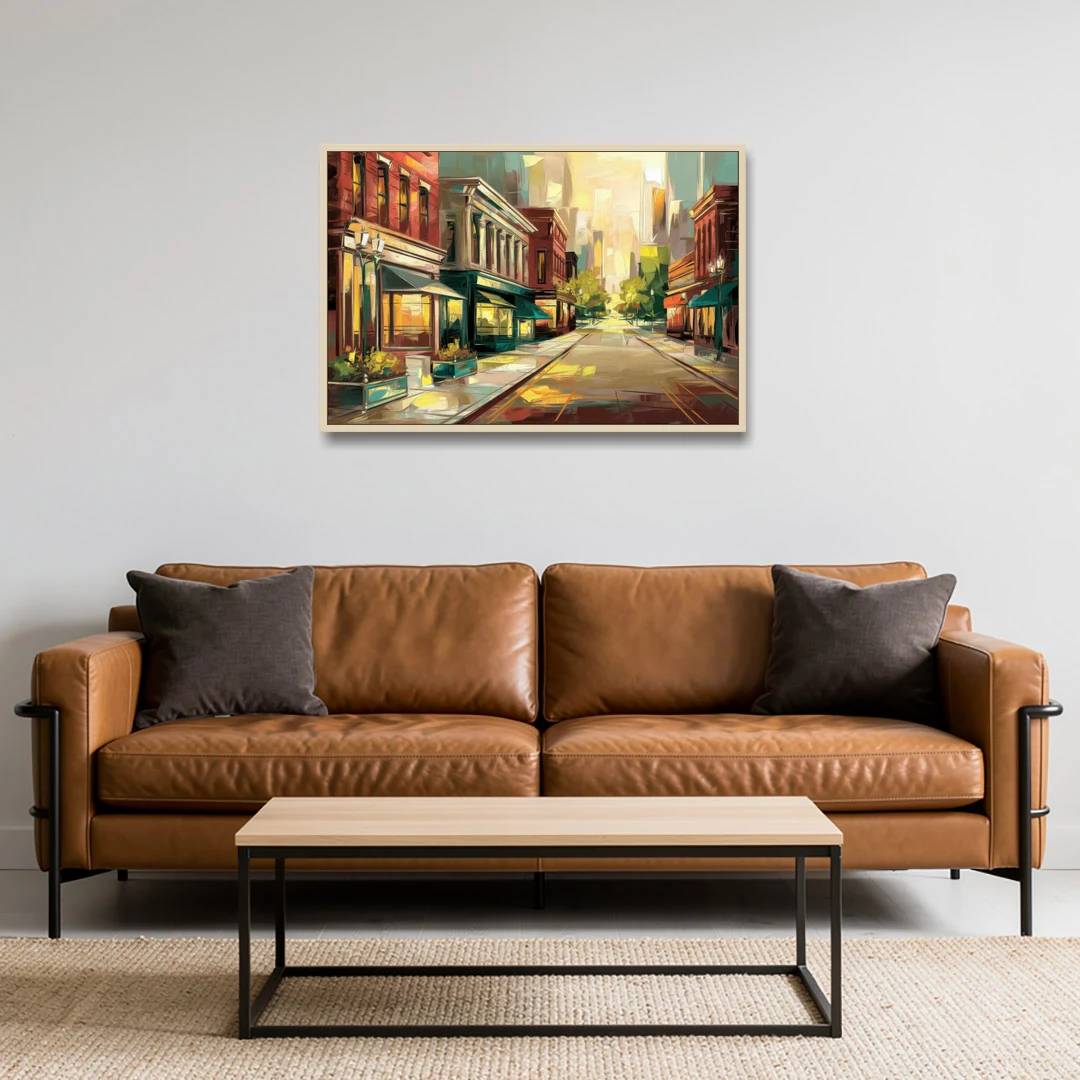 Greensboro Downtown Streetscape - Oak Framed Canvas Wall Art - Sofa - 36x24