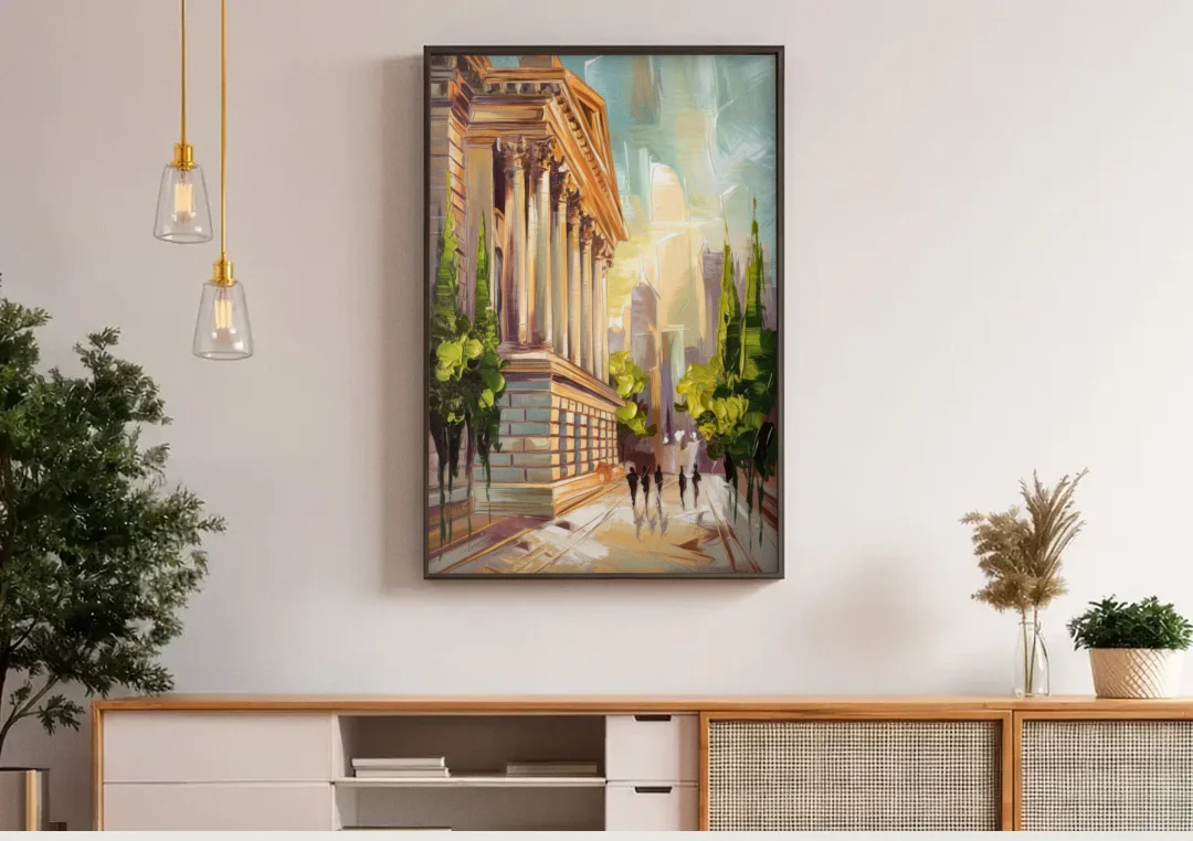 Greensboro Historic Architecture canvas wall art above a wooden sideboard under pendant lights