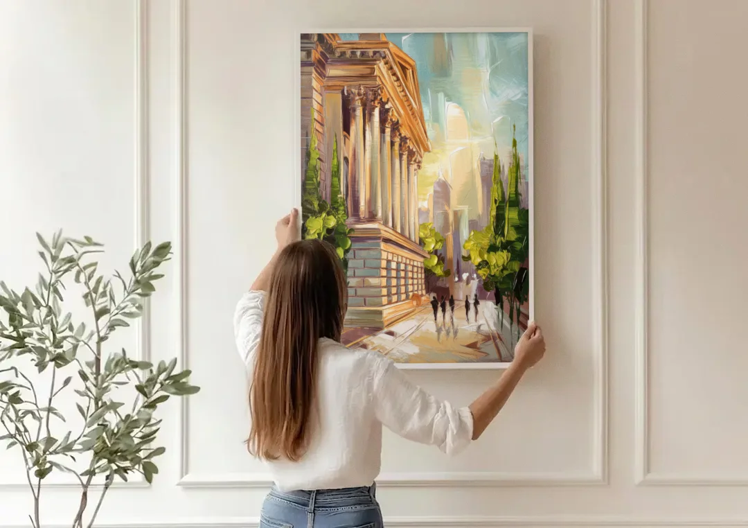 Greensboro Historic Architecture canvas wall art being hung on a paneled wall