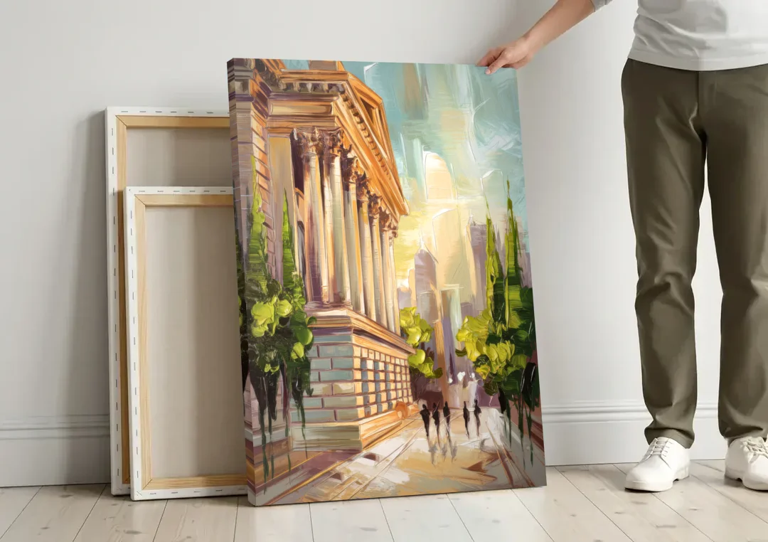 Greensboro Historic Architecture canvas wall art leaning against a wall next to blank canvases