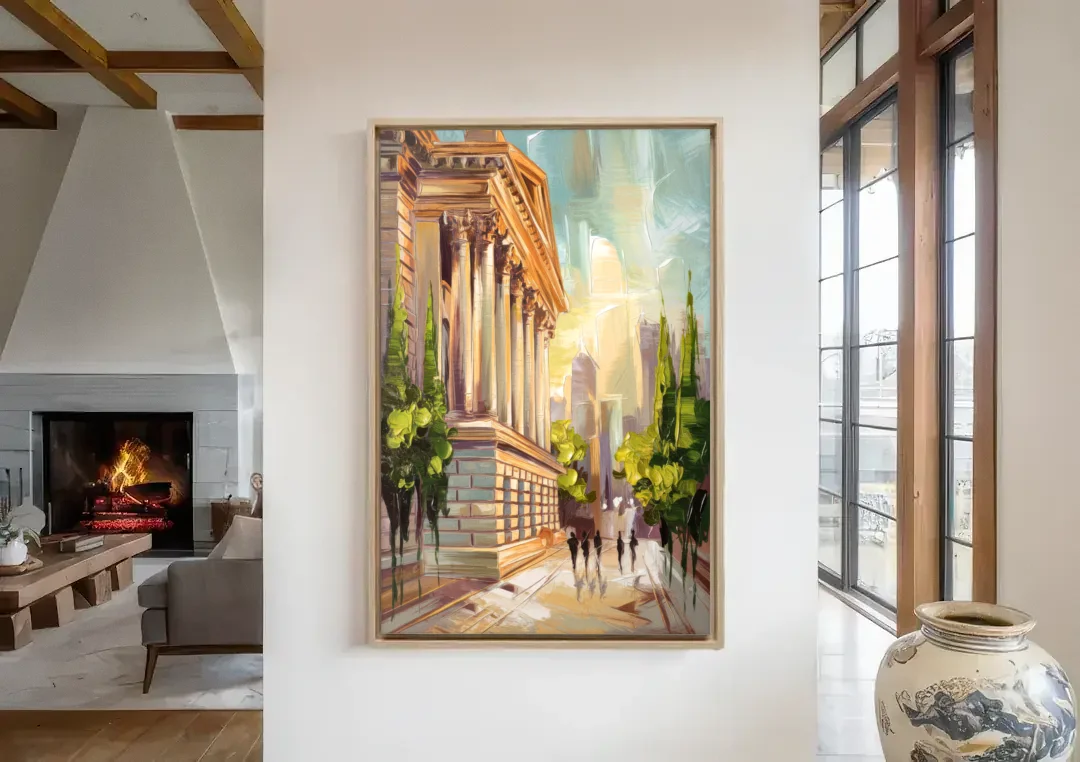 Greensboro Historic Architecture canvas wall art in a living room with a fireplace