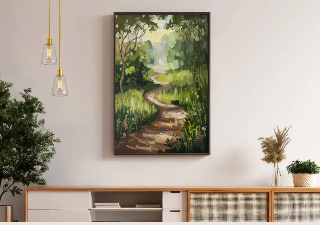 Greensboro Nature Trails canvas wall art above a wooden sideboard under pendant lights