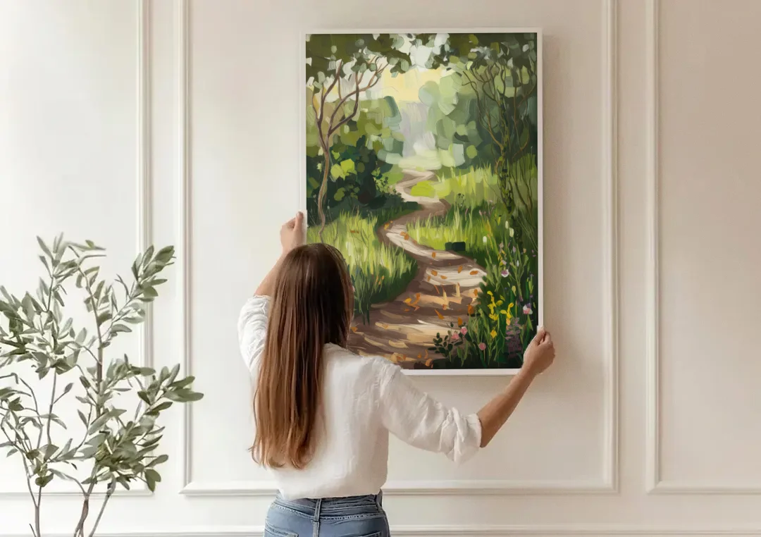 Greensboro Nature Trails canvas wall art being hung on a paneled wall
