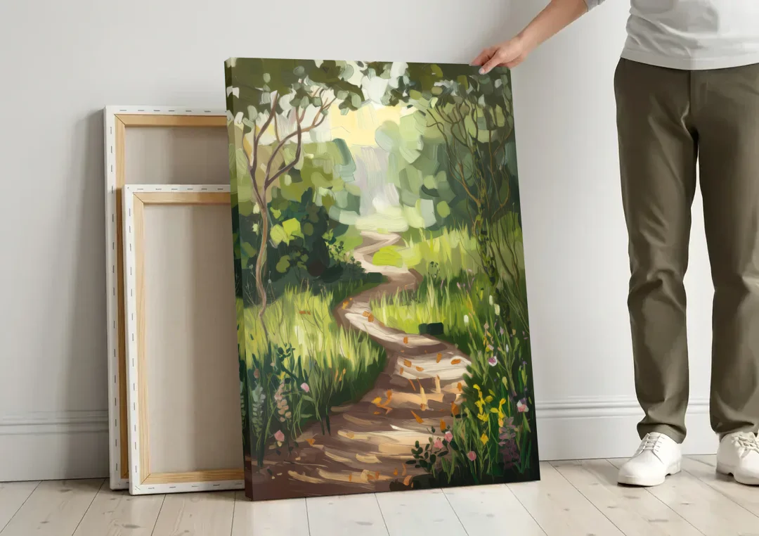 Greensboro Nature Trails canvas wall art leaning against a wall next to blank canvases