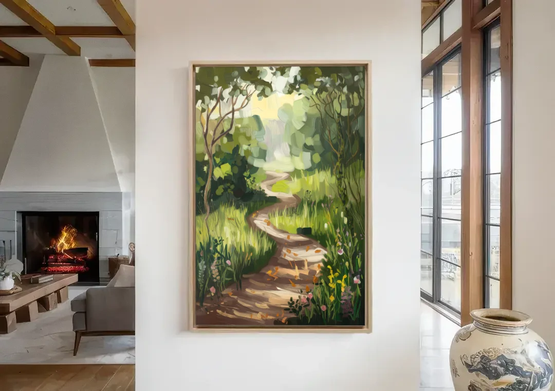 Greensboro Nature Trails canvas wall art in a living room with a fireplace