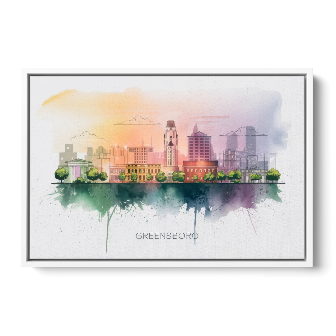 Greensboro Skyline Sunset - White Framed Canvas Wall Art - Front