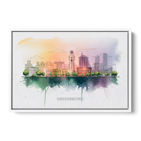 Greensboro Skyline Sunset - White Framed Canvas Wall Art - Front