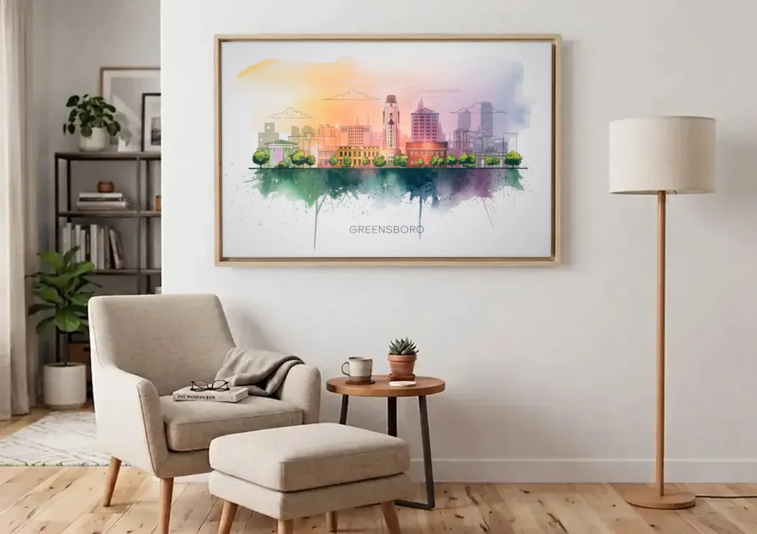 Greensboro Skyline Sunset canvas wall art above an armchair in a bright living room