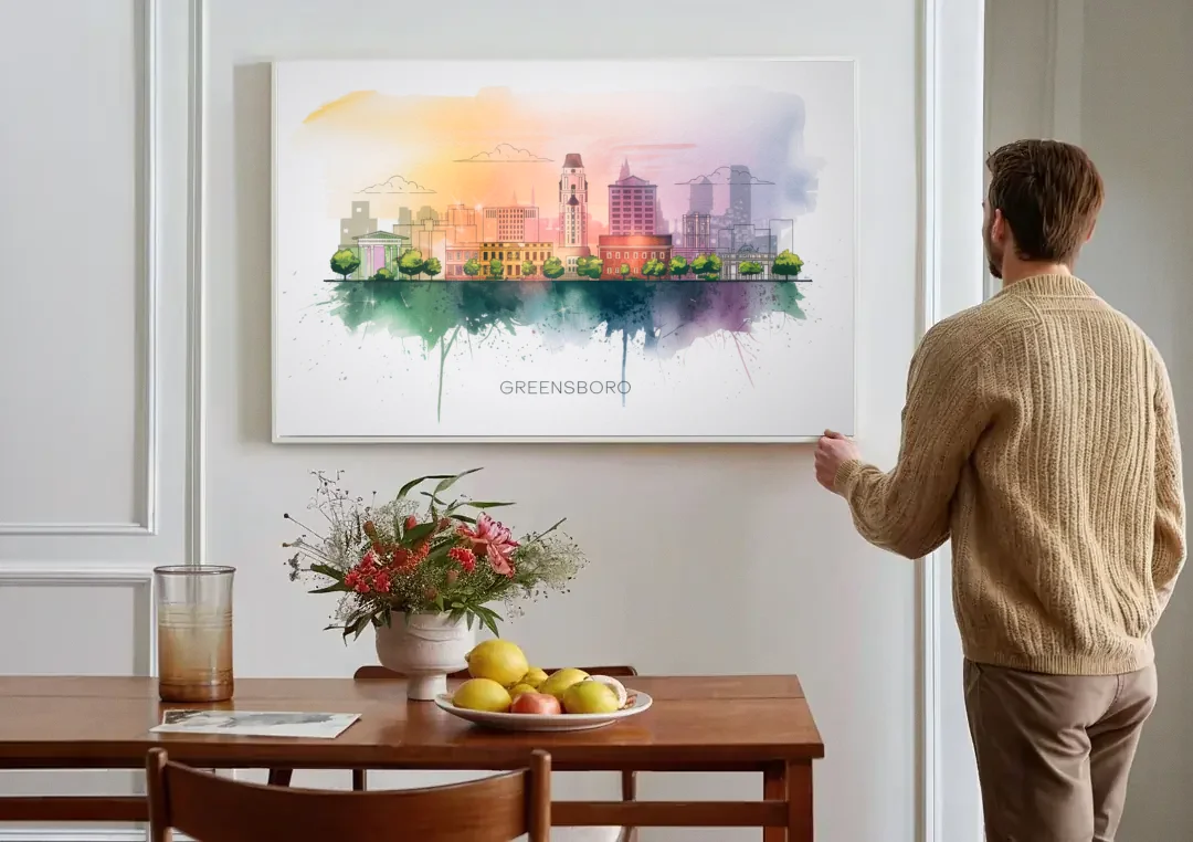 Greensboro Skyline Sunset canvas wall art above a dining table