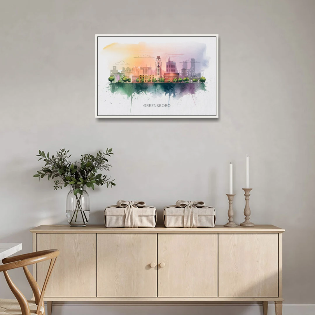 Greensboro Skyline Sunset - White Framed Canvas Wall Art - Coffee Table - 36x24
