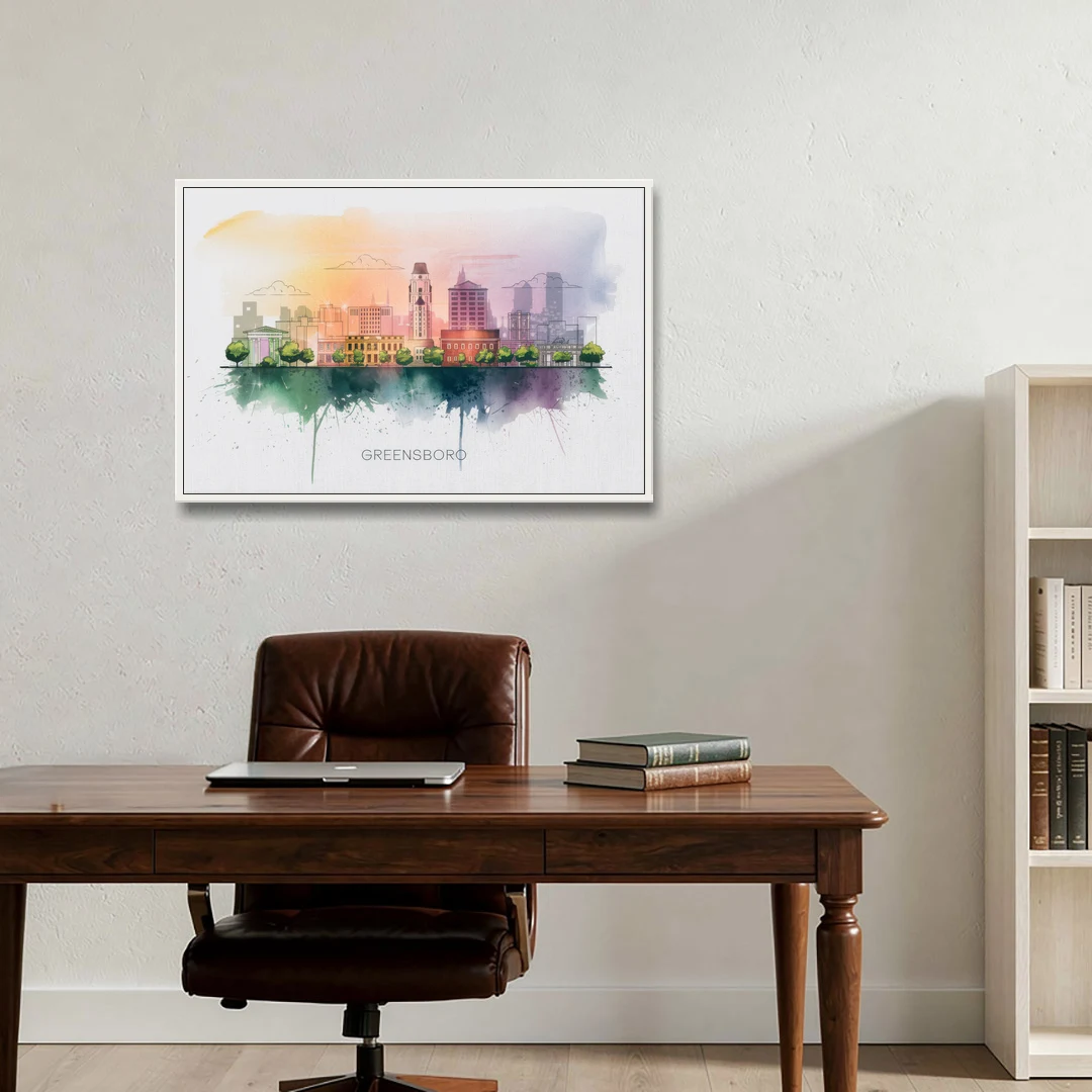 Greensboro Skyline Sunset - White Framed Canvas Wall Art - Office - 36x24