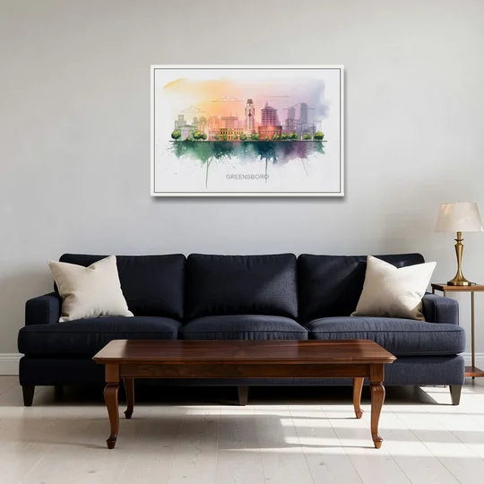 Greensboro Skyline Sunset - White Framed Canvas Wall Art - Sofa - 36x24