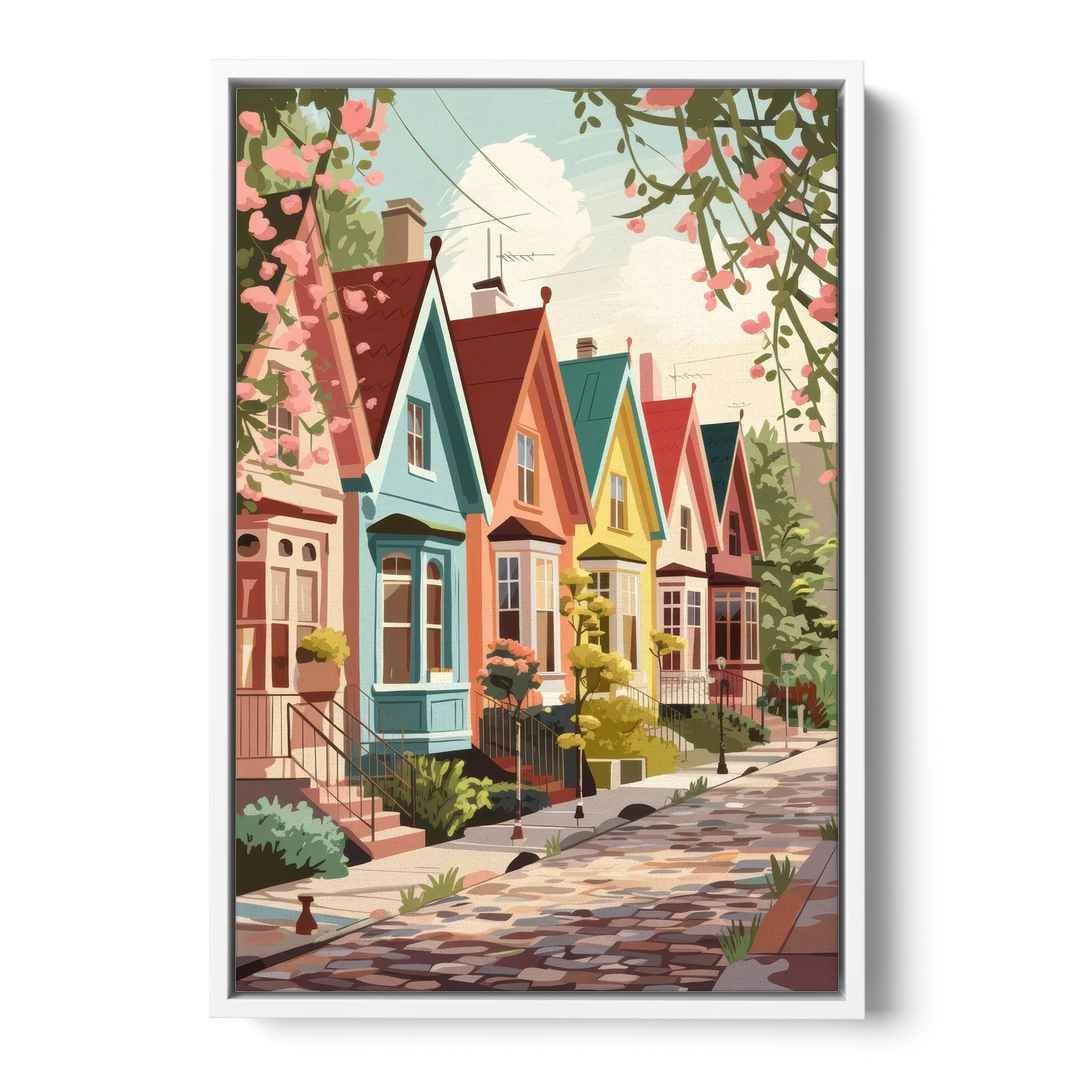 Greensboro Vibrant Neighborhoods - White Framed Canvas Wall Art - Front