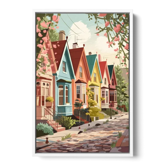 Greensboro Vibrant Neighborhoods - White Framed Canvas Wall Art - Front