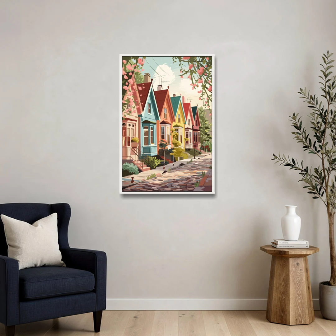Greensboro Vibrant Neighborhoods - White Framed Canvas Wall Art - Sofa - 24x36