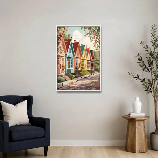 Greensboro Vibrant Neighborhoods - White Framed Canvas Wall Art - Sofa - 24x36