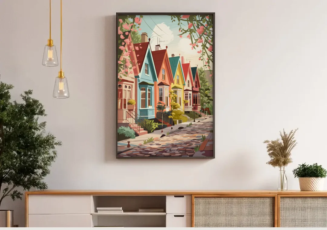 Greensboro Vibrant Neighborhoods canvas wall art above a wooden sideboard under pendant lights