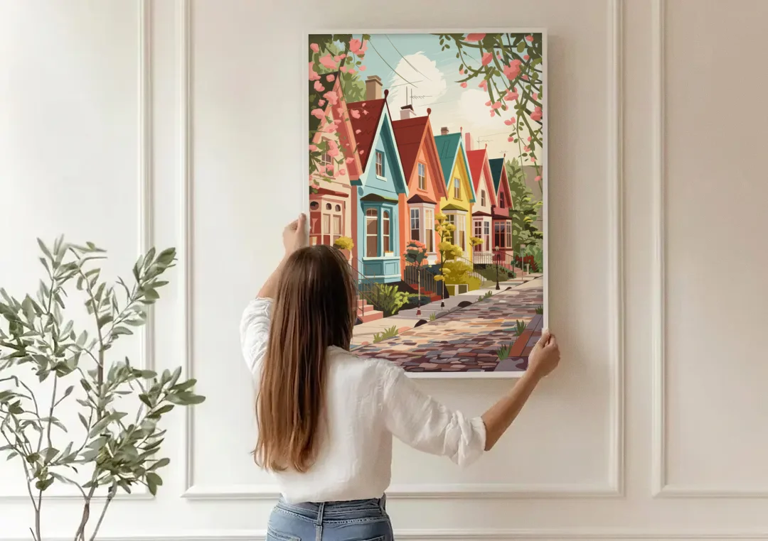 Greensboro Vibrant Neighborhoods canvas wall art being hung on a paneled wall