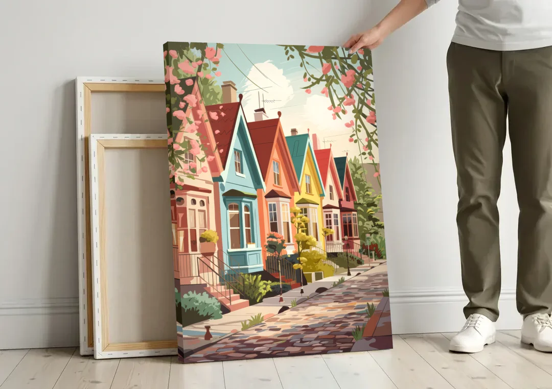 Greensboro Vibrant Neighborhoods canvas wall art leaning against a wall next to blank canvases