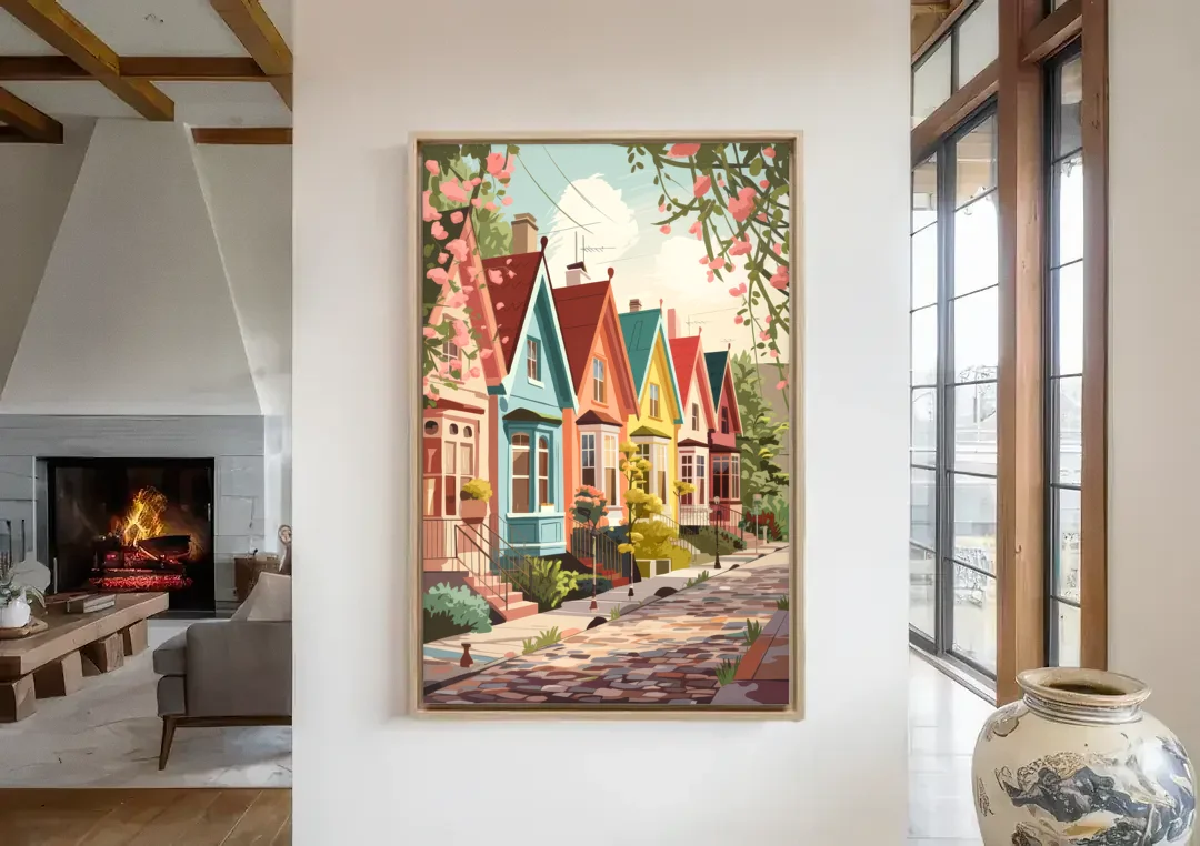 Greensboro Vibrant Neighborhoods canvas wall art in a living room with a fireplace