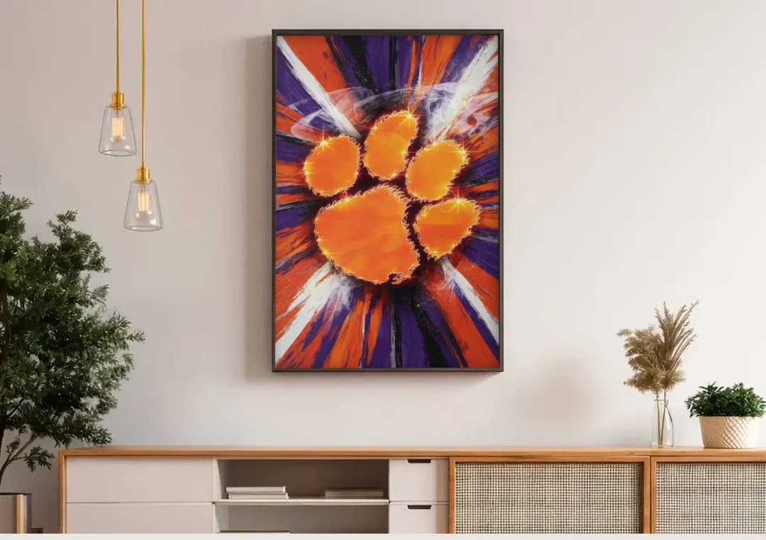 Greenville Clemson Tigers Pride canvas wall art above a wooden sideboard under pendant lights