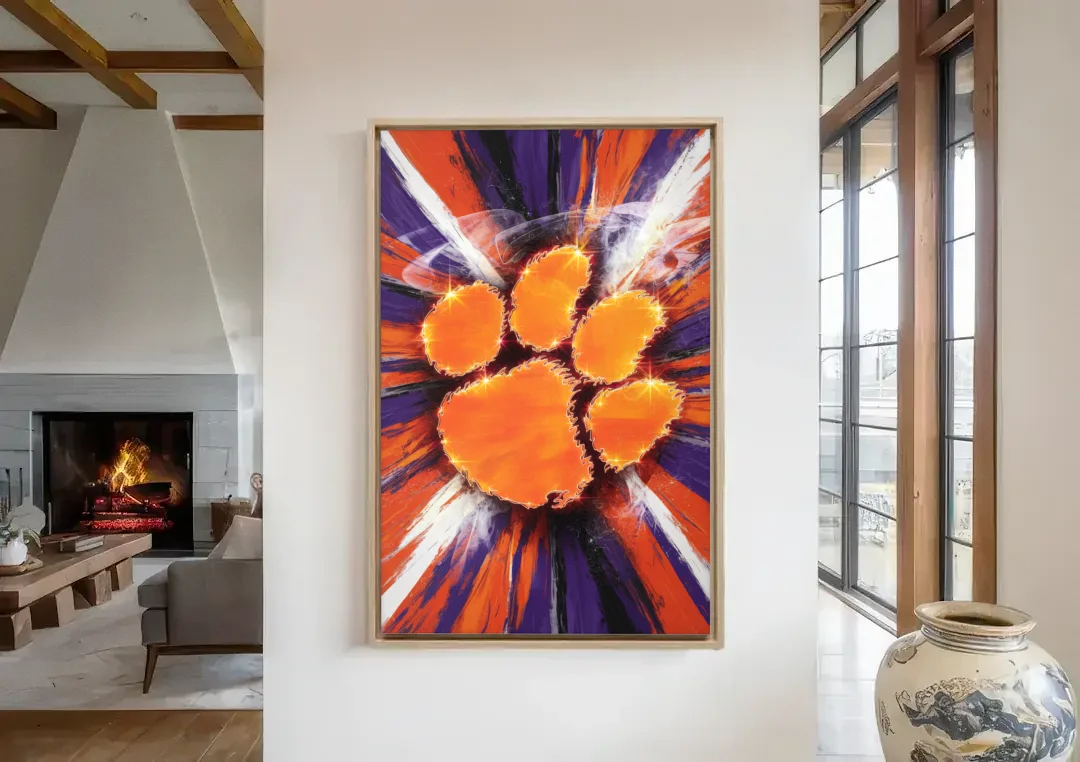Greenville Clemson Tigers Pride canvas wall art in a living room with a fireplace