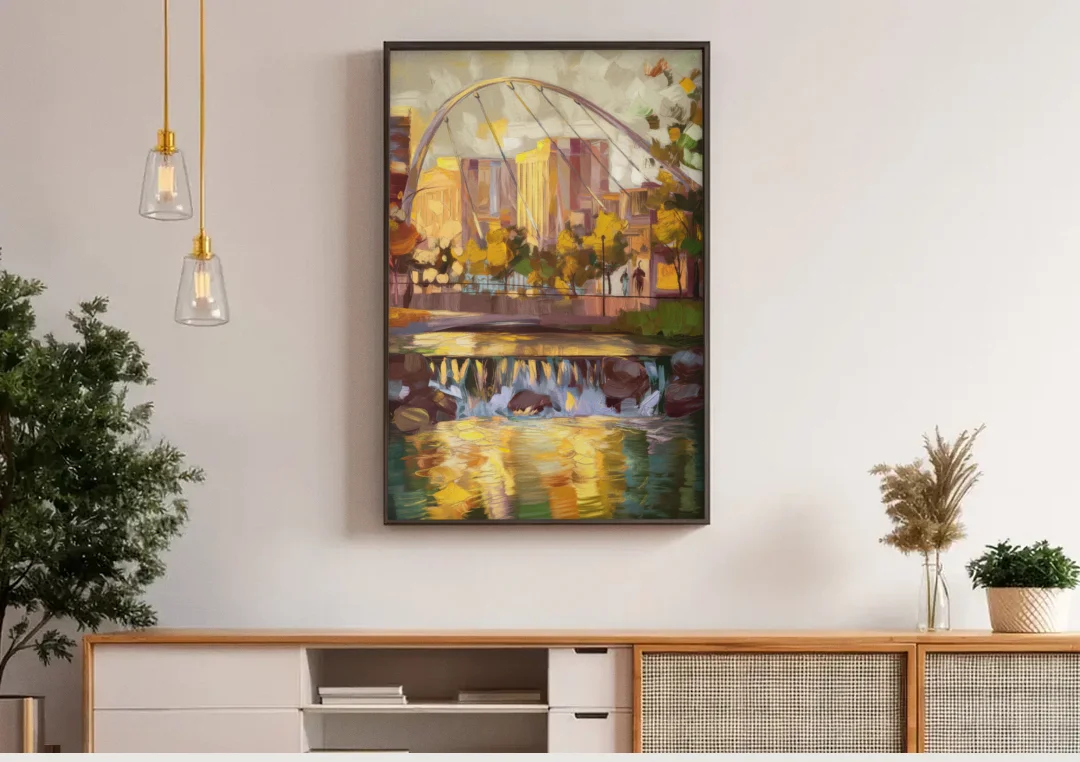 Greenville Downtown Streetscape canvas wall art above a wooden sideboard under pendant lights