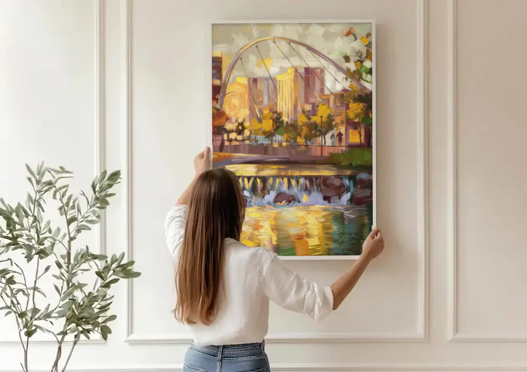 Greenville Downtown Streetscape canvas wall art being hung on a paneled wall