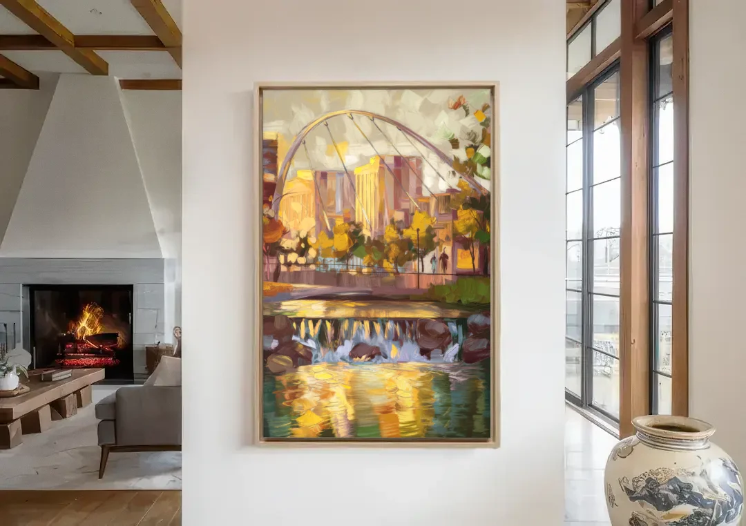 Greenville Downtown Streetscape canvas wall art in a living room with a fireplace