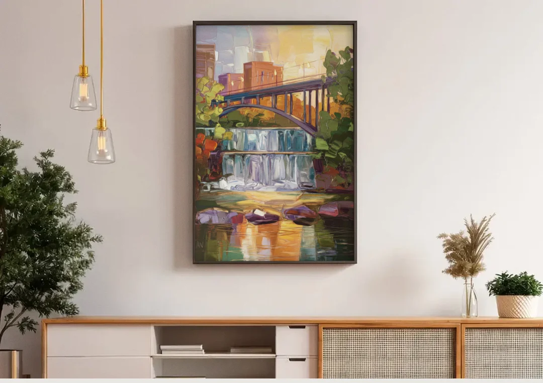 Greenville Historic Landmarks canvas wall art above a wooden sideboard under pendant lights