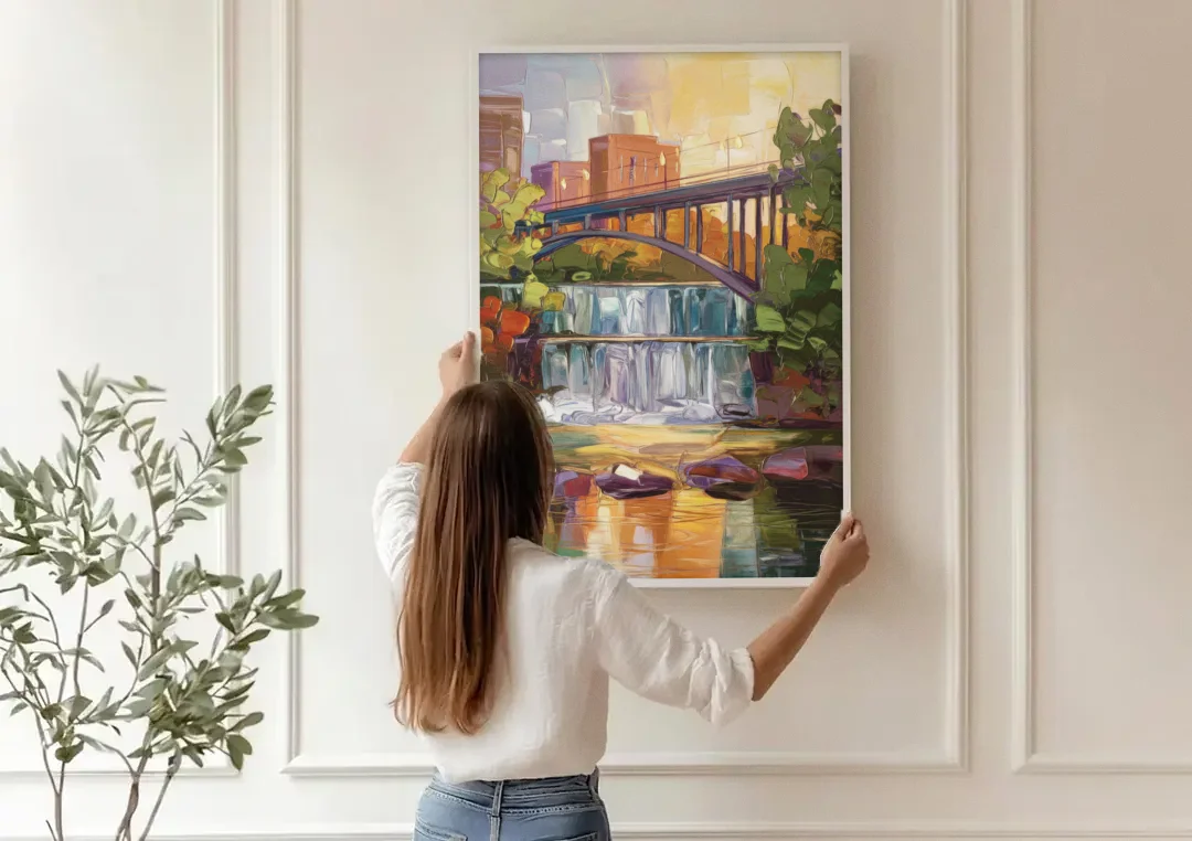 Greenville Historic Landmarks canvas wall art being hung on a paneled wall