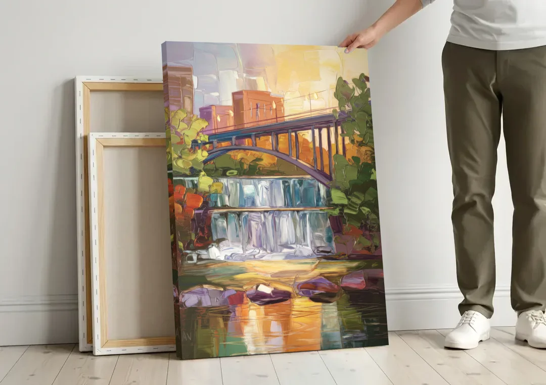 Greenville Historic Landmarks canvas wall art leaning against a wall next to blank canvases