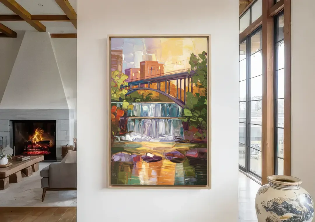 Greenville Historic Landmarks canvas wall art in a living room with a fireplace