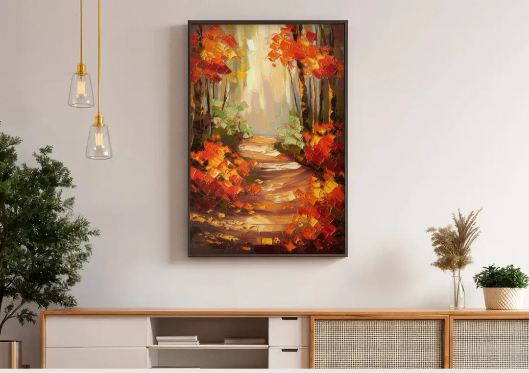 Greenville Nature Trails canvas wall art above a wooden sideboard under pendant lights