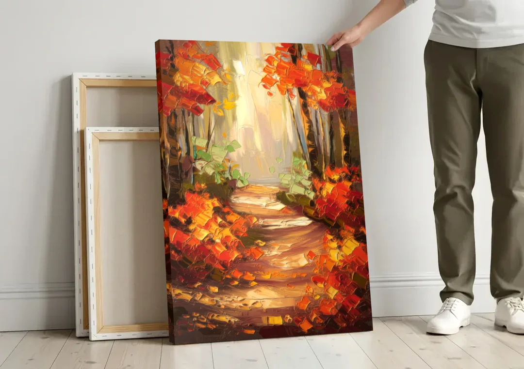 Greenville Nature Trails canvas wall art leaning against a wall next to blank canvases