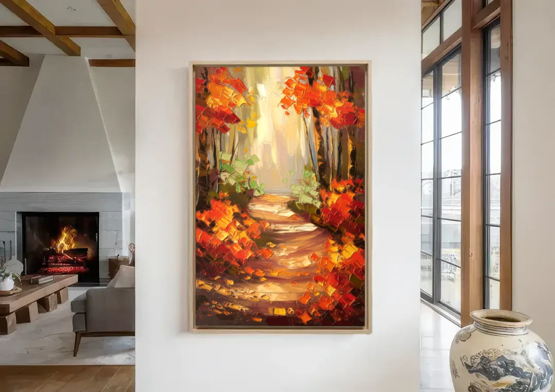 Greenville Nature Trails canvas wall art in a living room with a fireplace