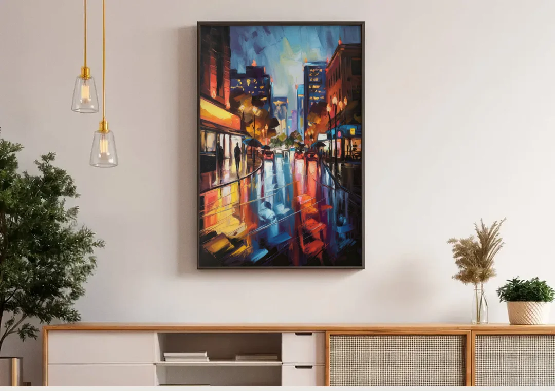 Greenville Night City Lights canvas wall art above a wooden sideboard under pendant lights