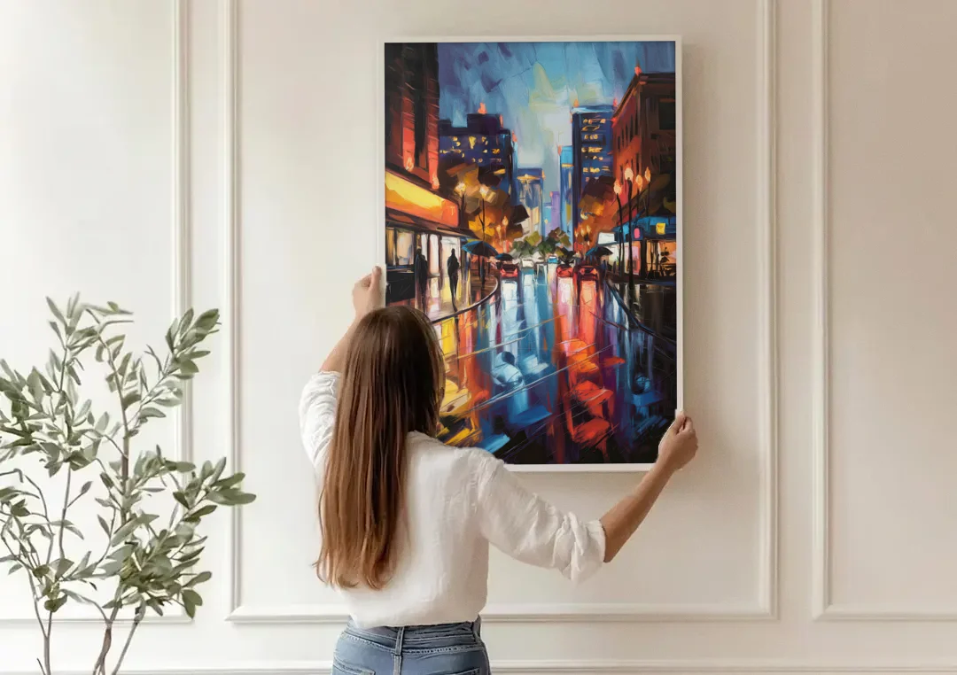 Greenville Night City Lights canvas wall art being hung on a paneled wall
