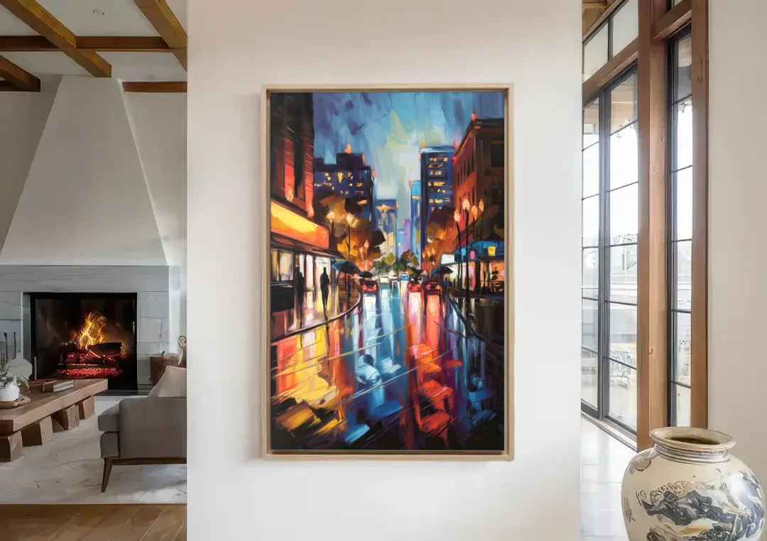 Greenville Night City Lights canvas wall art in a living room with a fireplace
