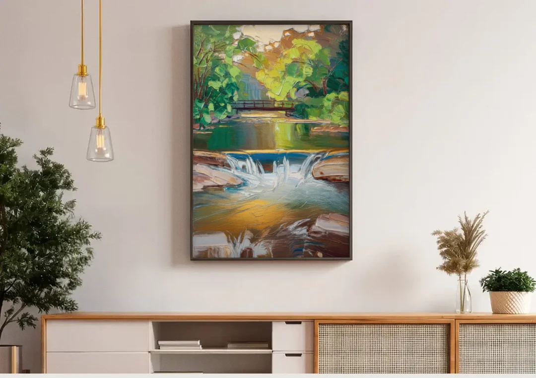 Greenville Reedy River Views canvas wall art above a wooden sideboard under pendant lights