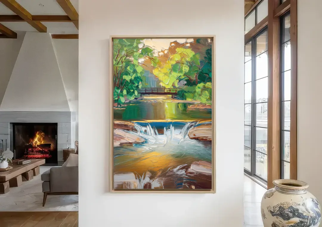 Greenville Reedy River Views canvas wall art in a living room with a fireplace