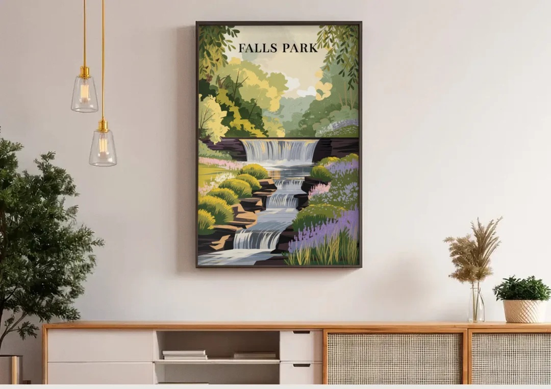 Greenville Scenic Falls Park canvas wall art above a wooden sideboard under pendant lights