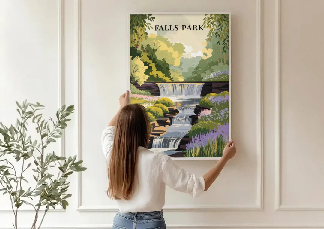Greenville Scenic Falls Park canvas wall art being hung on a paneled wall