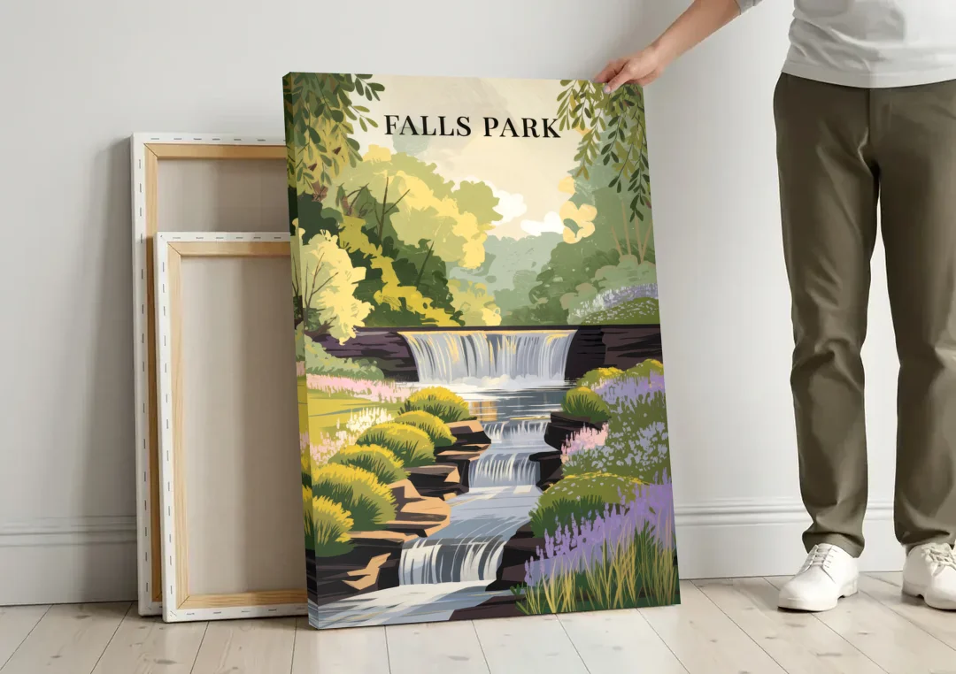 Greenville Scenic Falls Park canvas wall art leaning against a wall next to blank canvases