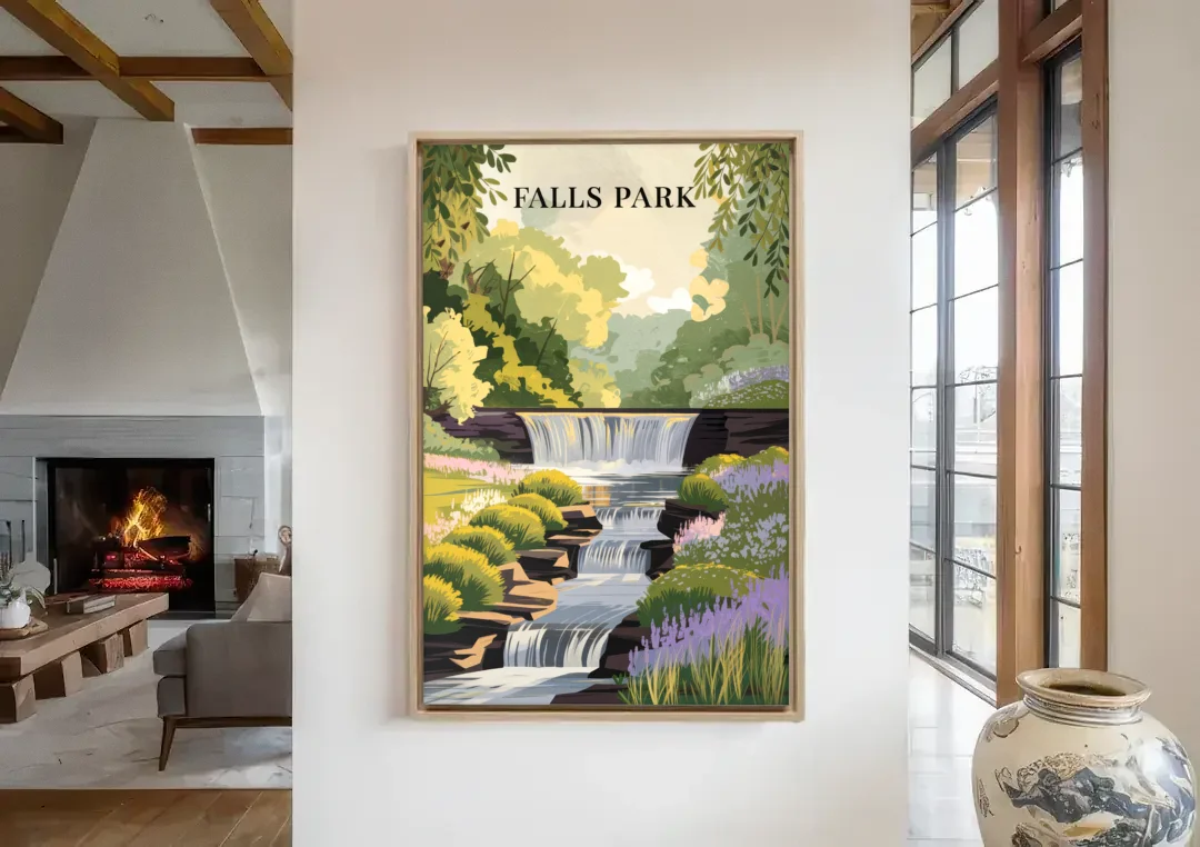 Greenville Scenic Falls Park canvas wall art in a living room with a fireplace