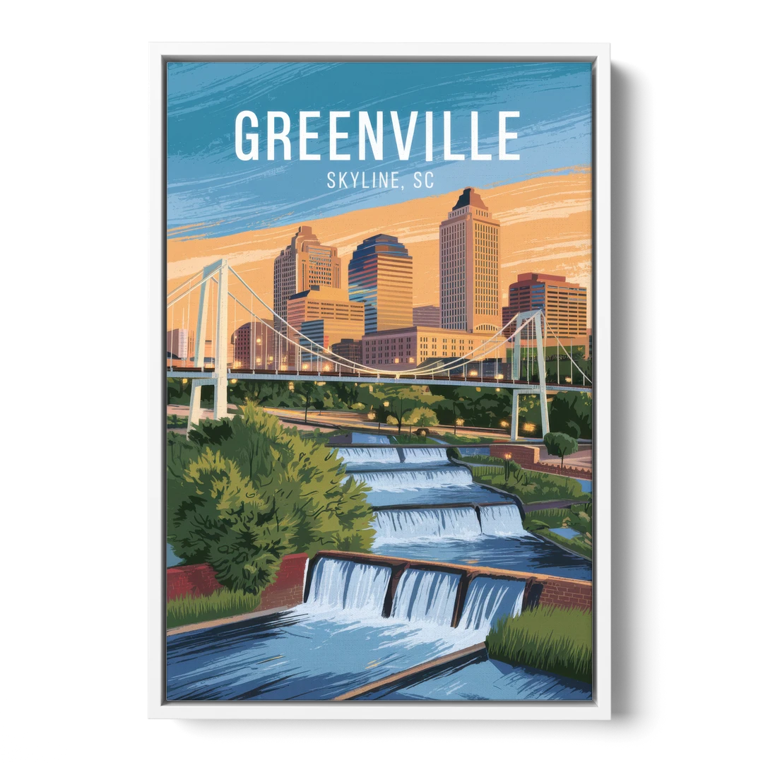Greenville Skyline at Sunset - White Framed Canvas Wall Art - Front