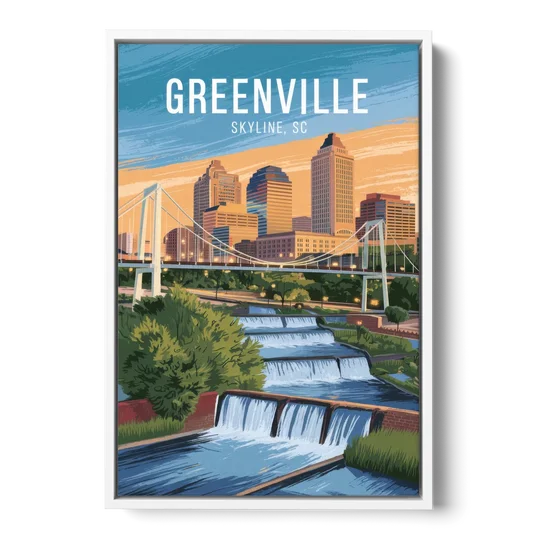 Greenville Skyline at Sunset - White Framed Canvas Wall Art - Front