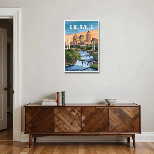 Greenville Skyline at Sunset - White Framed Canvas Wall Art - Coffee Table - 24x36