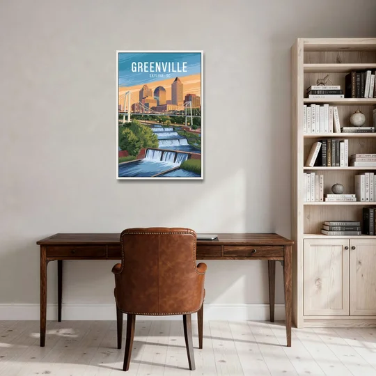 Greenville Skyline at Sunset - White Framed Canvas Wall Art - Office - 24x36